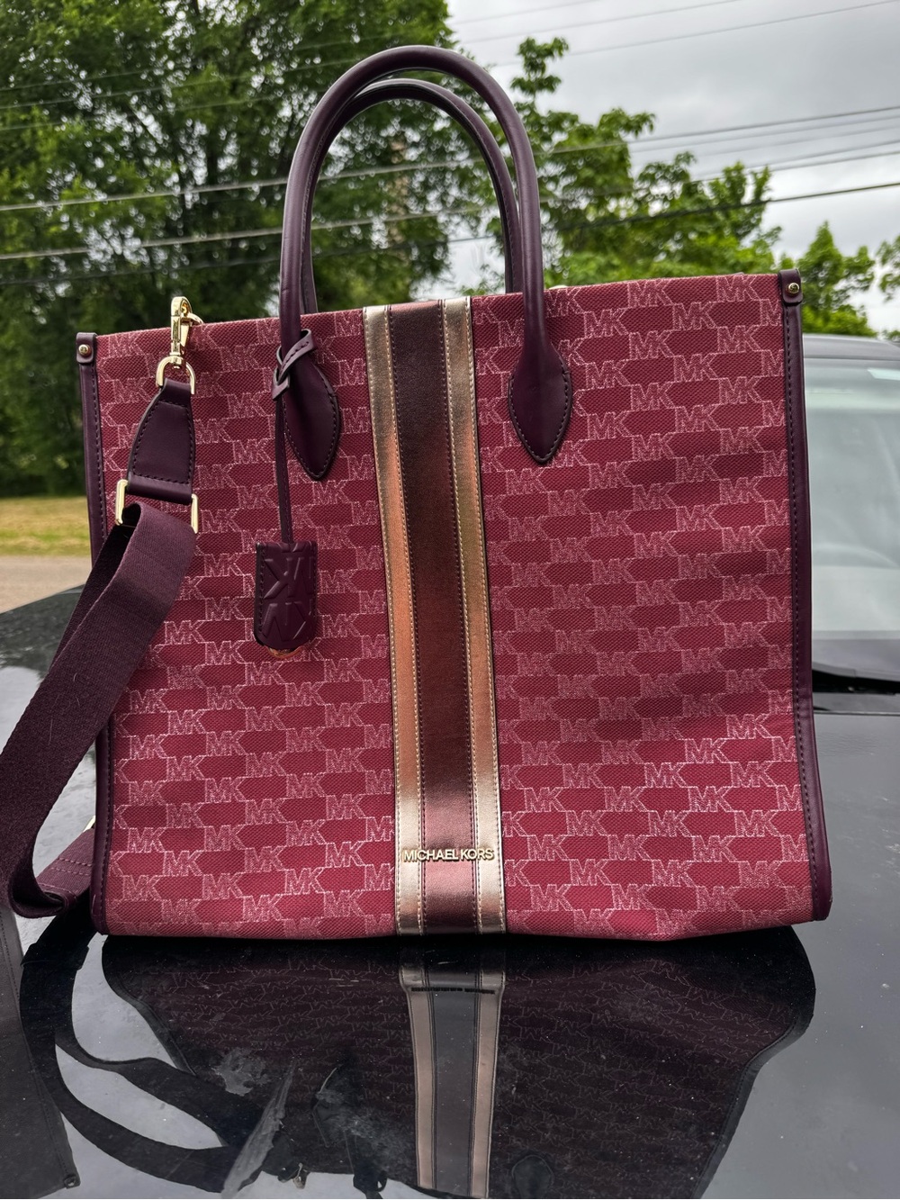 Michael Kors Burgundy Logo Tote with Metallic Center Stripe